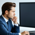 A professional individual in a modest business suit, sitting at a modern office desk, computer screen in soft focus, conveying a contemplative or slightly fatigued expression, fully clothed, appropriate attire, professional dress, perfect anatomy, correct proportions, natural pose, well-formed hands, proper finger count, natural body proportions, safe for work, appropriate content, professional, high quality, clean composition, soft artificial light.
