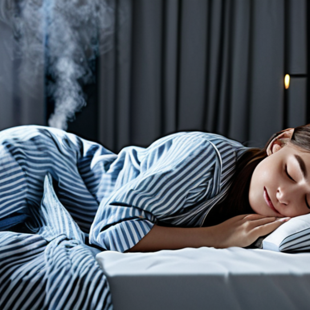 Bedroom Scene with Humidifier**

"A serene bedroom at night, showcasing a modern humidifier emitting a gentle mist. A woman is sleeping peacefully in a fully clothed pajama set, lying on her side with a comfortable pillow. The room is clean and tidy, with soft lighting and a bedside table featuring a glass of water. Safe for work, appropriate content, fully clothed, modest attire, perfect anatomy, correct proportions, natural pose, professional, family-friendly, high-quality render."

**