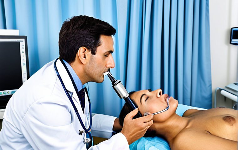 **

"A calm and reassuring doctor performing a nasal endoscopy exam on a fully clothed patient in a modern clinic. The doctor is focused and professional, using the endoscope. The patient looks relaxed and comfortable. Monitor displays the nasal passage. Safe for work, appropriate content, professional setting, fully clothed, modest attire, perfect anatomy, correct proportions, natural pose, medical illustration."

**
