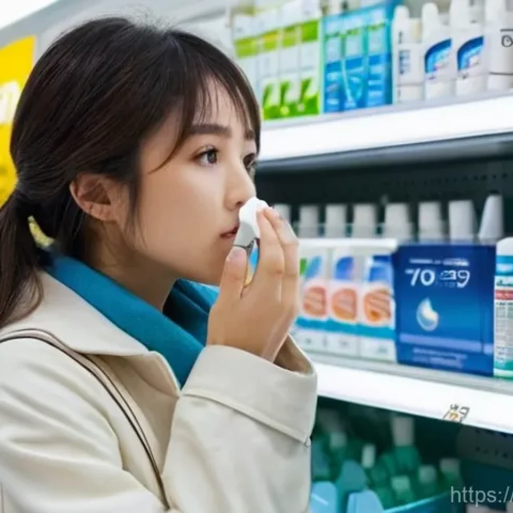 비염 스프레이의 종류와 사용법 - **Prompt:** A young adult Japanese woman, around 25-30 years old, stands in the brightly lit nasal s...