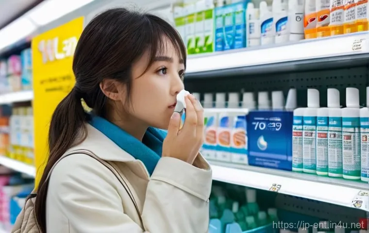 비염 스프레이의 종류와 사용법 - **Prompt:** A young adult Japanese woman, around 25-30 years old, stands in the brightly lit nasal s...