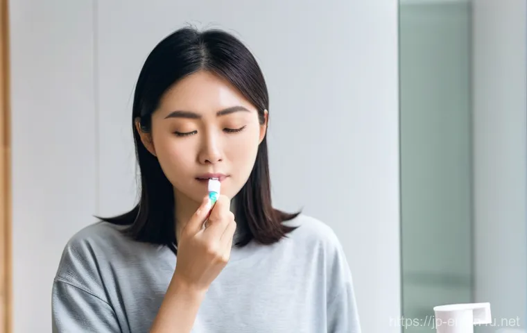 비염 스프레이의 종류와 사용법 - **Prompt:** A young adult Japanese woman, around 25-30 years old, stands in the brightly lit nasal s...