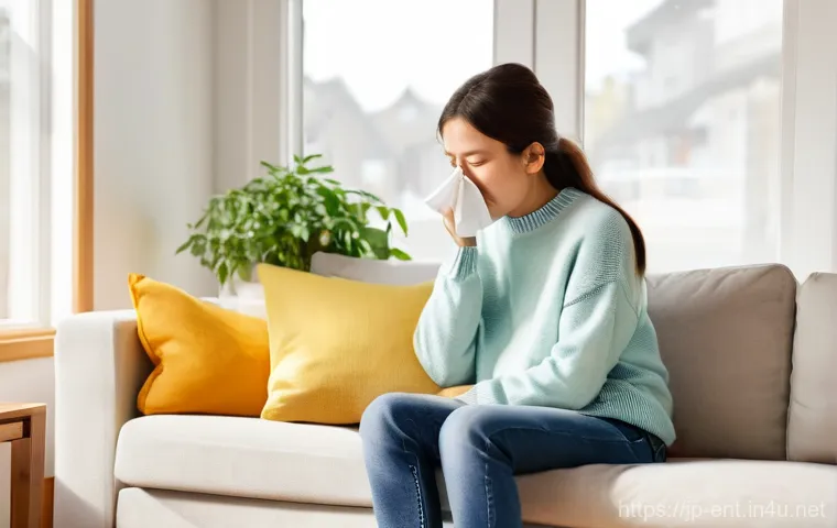 축농증과 비염의 차이점과 치료법 - **Prompt for Allergic Rhinitis (Clear Runny Nose & Sneezing):**
    "A young adult, early 20s, with ...