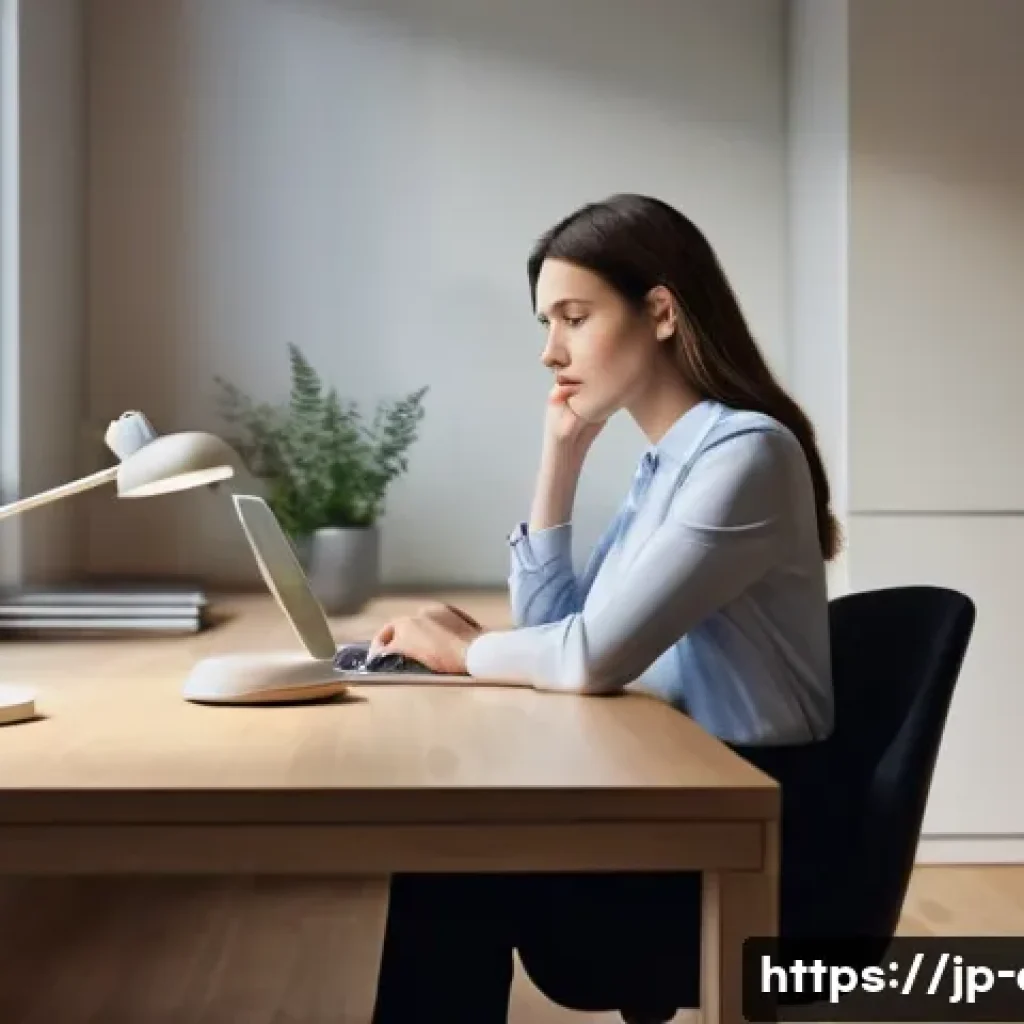 갑작스러운 이명 발생 시 대처법 - **Prompt:** "A woman in her late 30s, dressed in smart-casual office attire, is sitting at a minimal...