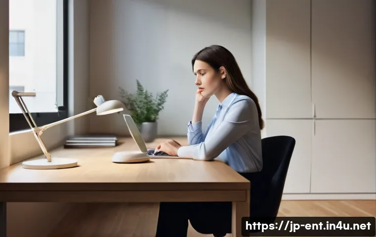 갑작스러운 이명 발생 시 대처법 - **Prompt:** "A woman in her late 30s, dressed in smart-casual office attire, is sitting at a minimal...