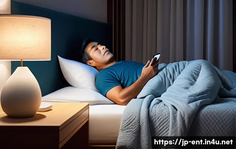 코골이 진단과 치료 병원 추천 - A peaceful Japanese bedroom scene at night featuring a middle-aged man sleeping on his side with a c...