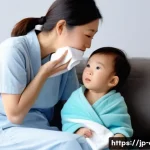 중이염 발생 후 병원 방문 시기 - A modern Japanese mother carefully observing her young child who is wearing a diaper, sitting on a c...