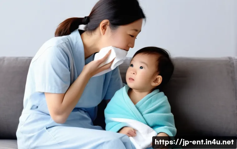중이염 발생 후 병원 방문 시기 - A modern Japanese mother carefully observing her young child who is wearing a diaper, sitting on a c...