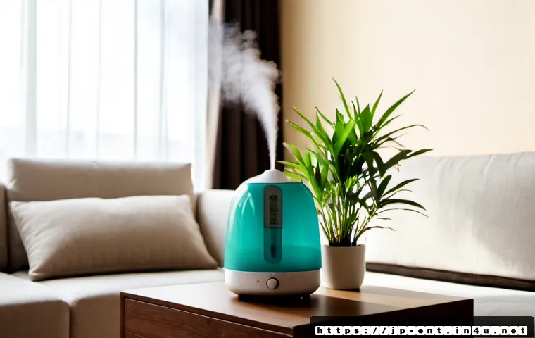 비염 예방을 위한 실내 습도 관리 - Photorealistic Japanese living room in winter, a compact ultrasonic humidifier releasing a gentle vi...