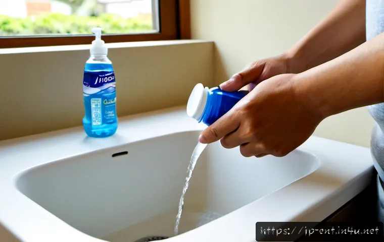 코 세척 솔루션 추천과 사용법 - Photorealistic Japanese home bathroom scene, a middle-aged Japanese adult carefully using a white na...