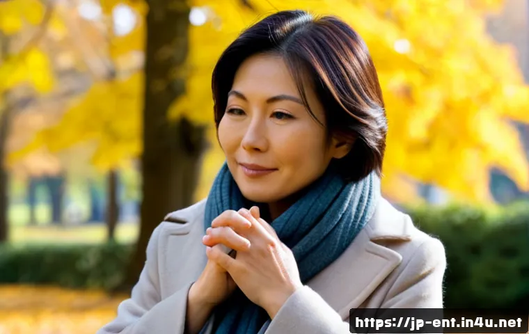 후두염 예방을 위한 목 보호법 - Photorealistic close-up of a middle-aged Japanese woman outdoors on a cool morning, wearing a soft w...